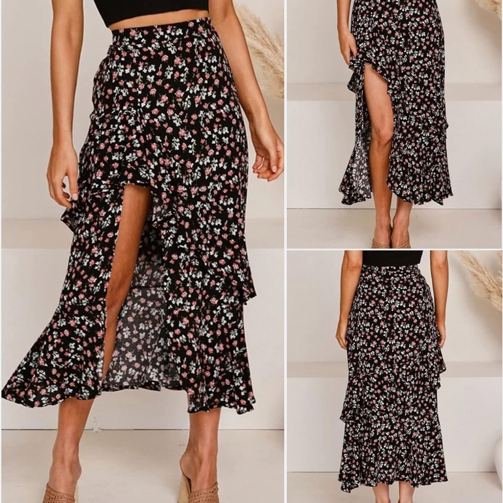 Medium Black Boho Floral Print Elastic Waist Split Ruffle High Low